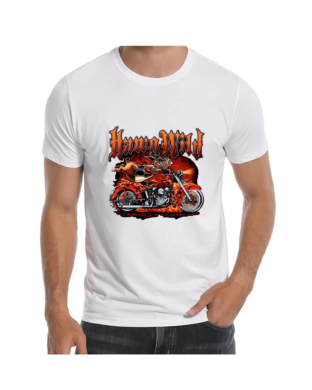 Motorcycle Hawg Wild Unique Art T-Shirt for Men Apparel 3XL