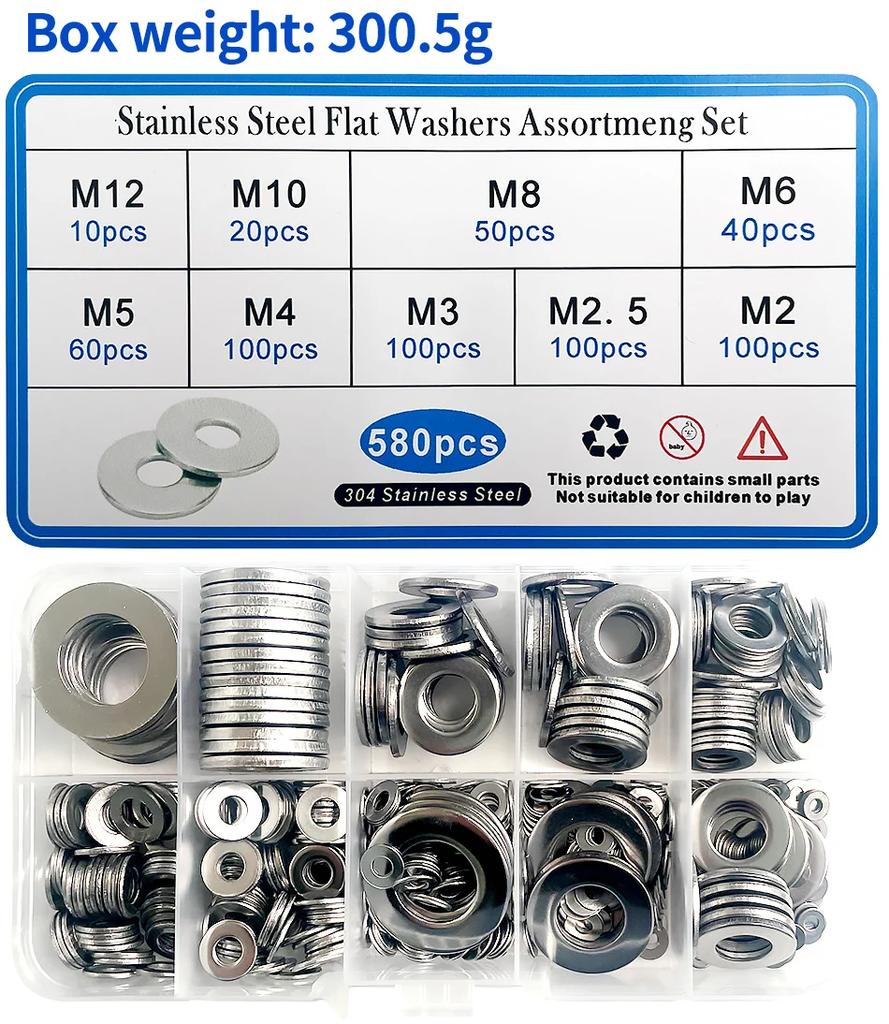 580pcs/Box M2 M2.5 M3 M4 M5 M6 M8 M10 M12 304 Stainless Steel  Flat Washer Plain Gasket