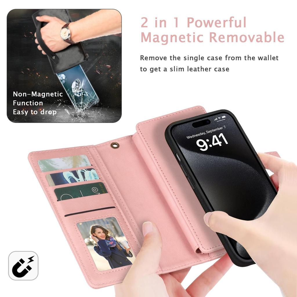iPhone 16/15 Magnetic Leather Wallet Phone Case Cover