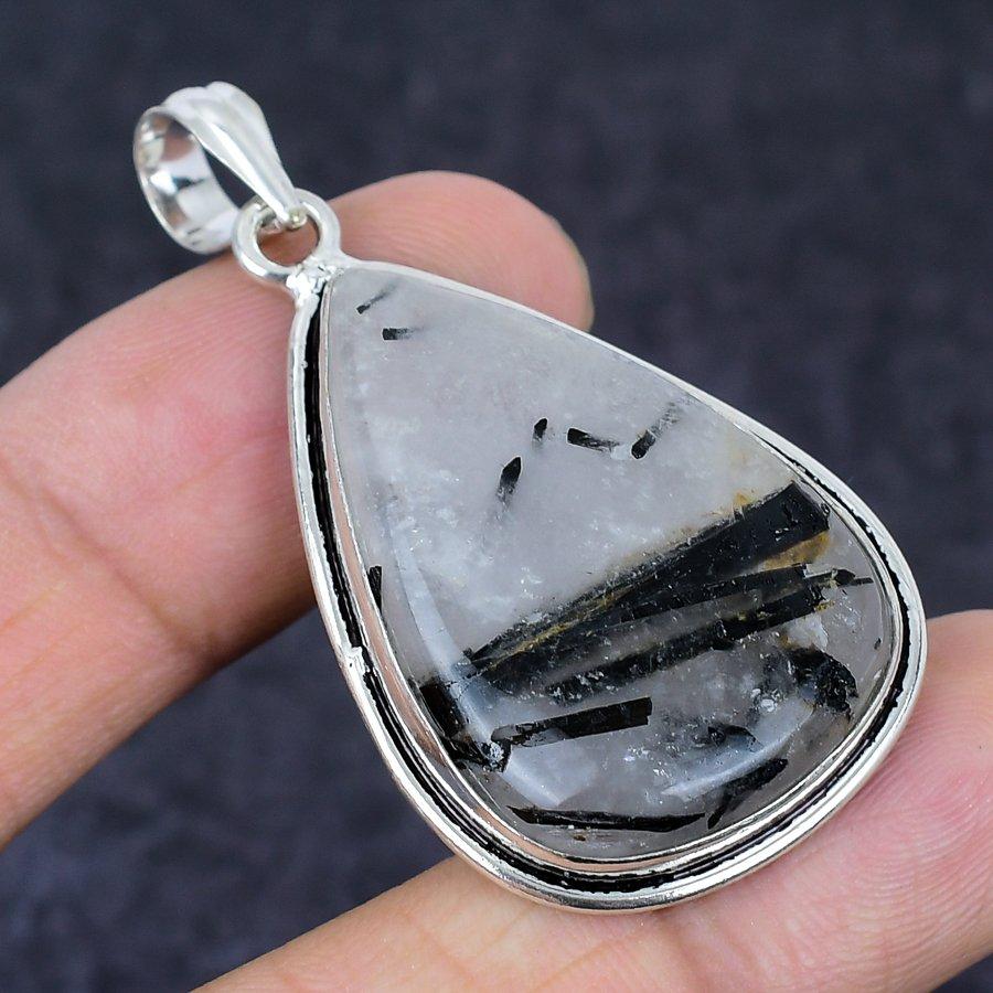 Black Rutile Gemstone Handmade 925 Sterling Silver Jewelry Pendant 2.05" g1n39