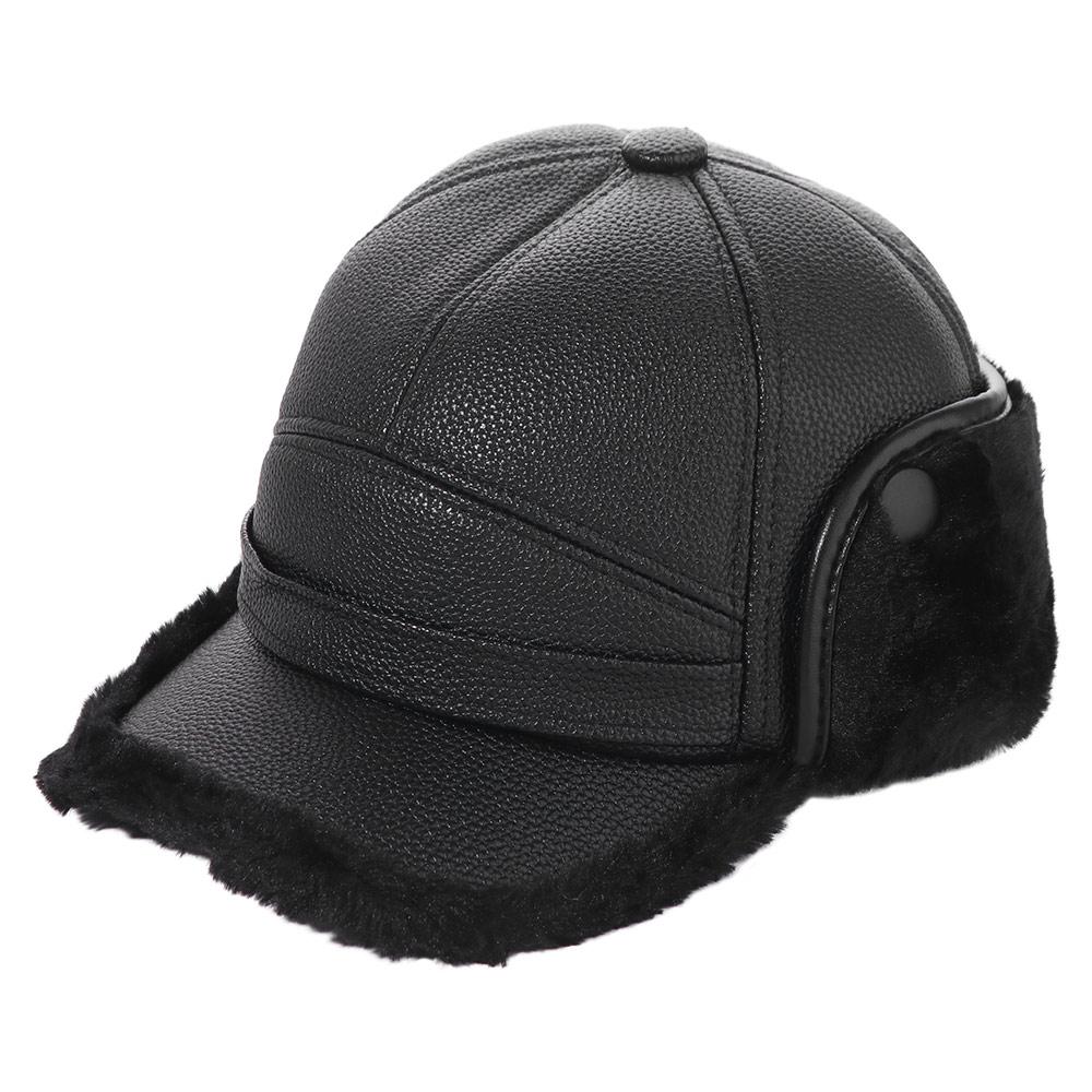 Fashion PU Leather Men Baseball Cap Plush Thicken Earflaps Caps Keep Warm with Earmuffs Snapback Cap Grandpa чёрный