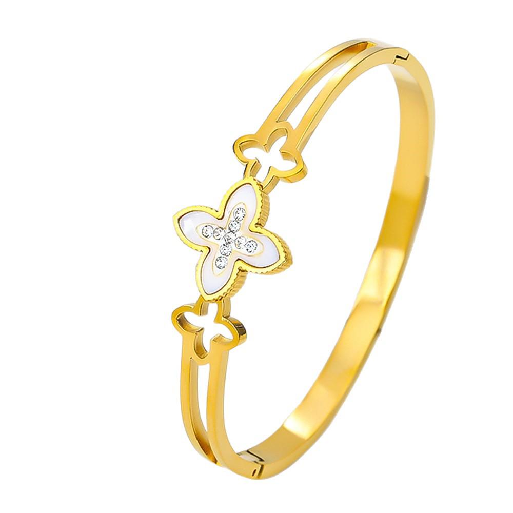 Fashionable Four-Leaf Clover Titanium Steel Women's Open Bracelet - Colorfast & Versatile Design