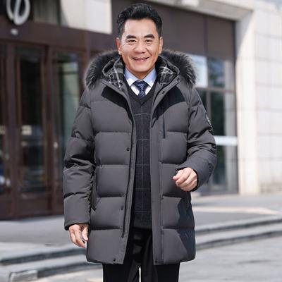 Jaqueta de Penas Masculina de Comprimento Médio para Homens de Meia-Idade e Idosos, Inverno Novo, Casual de Negócios, Gola de Pele, Quente, Tamanho Grande, Casaco