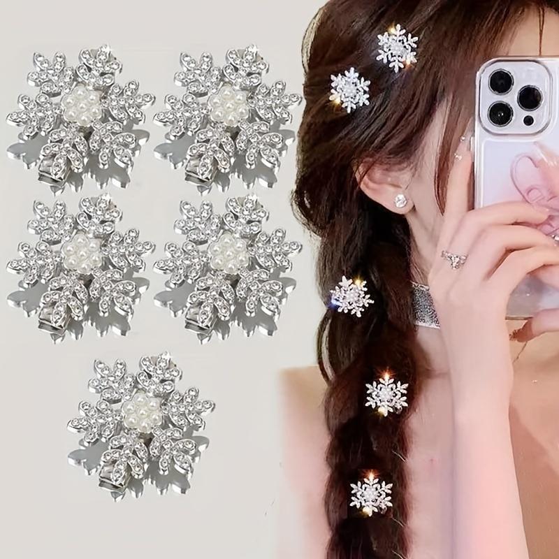 Winter Rhinestone Snowflake Side Clip Hair Pins Christmas New Year Sweet Cute Pearl Barrettes Female Hair Accessories