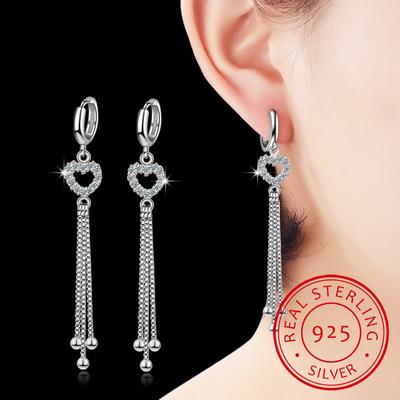 Korean Version 925 Silver Ear Hook Long Style Tassel Heart Earrings With Simple Personality Temperament Earrings