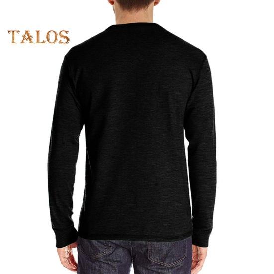 Men Spring Top with Chest Pocket Buttoned O Neck Slim Fit Long Sleeve Bottoming Clothes Solid Color Stretchy Pullover T-shirt