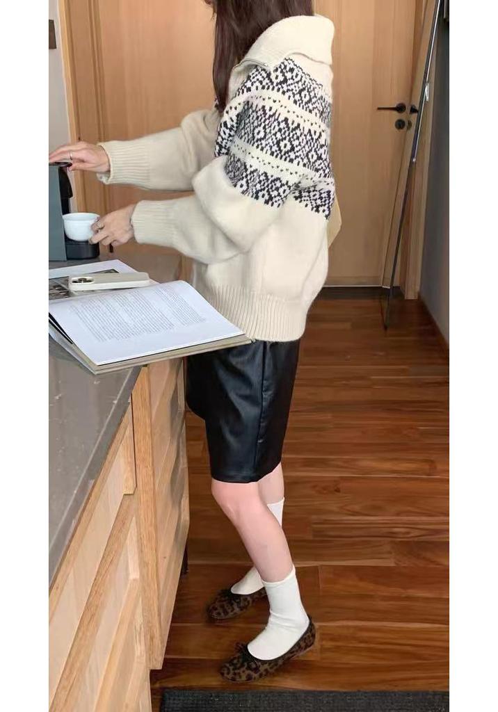 Faroe Islands Jacquard Wool Zipper Coat - Women's Autumn Winter Retro Lapel Short Knit Cardigan Sweater