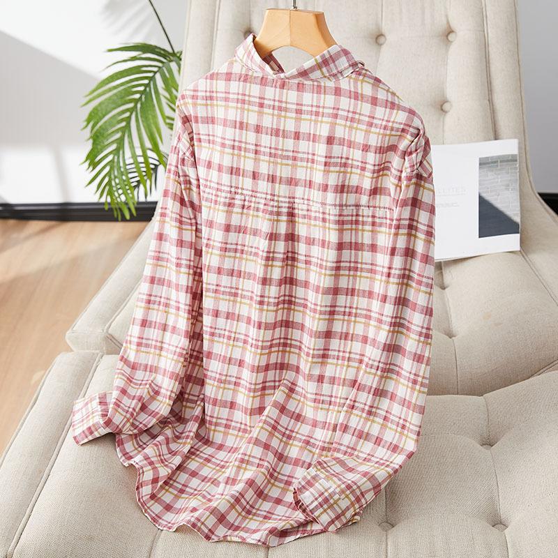 

Pink Plaid Shirt Women s Long-sleeved Age-reducing Commuter Temperament Top Shirt M