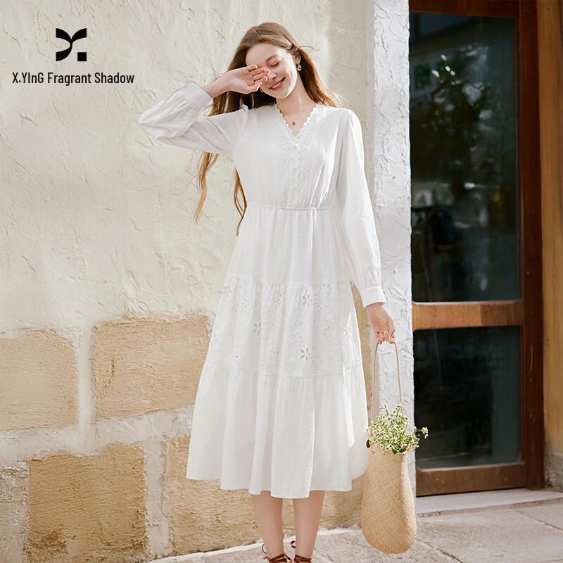 Xiangying White Moonlight V-Neck Embroidered A-Line Dress XL