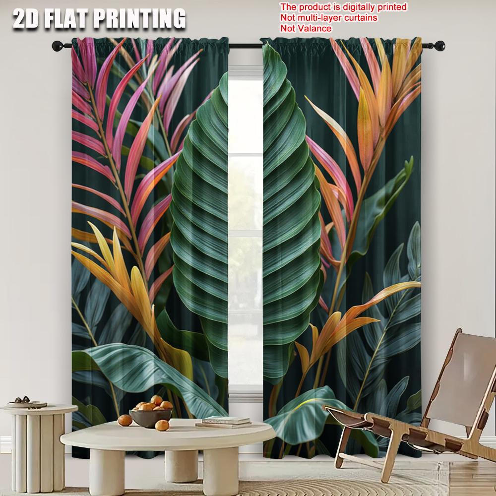 2pcs, 2D flat printing Window Treatment Curtains green leaf Versatile Durable Polyester,Without Electricity Spring Party &