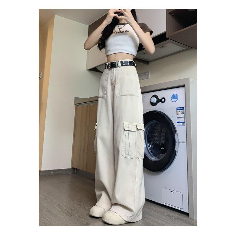 Womens High Waist Beige Cargo Wide Leg Jeans Casual Loose Streetwear Denim Trousers Y2K Style