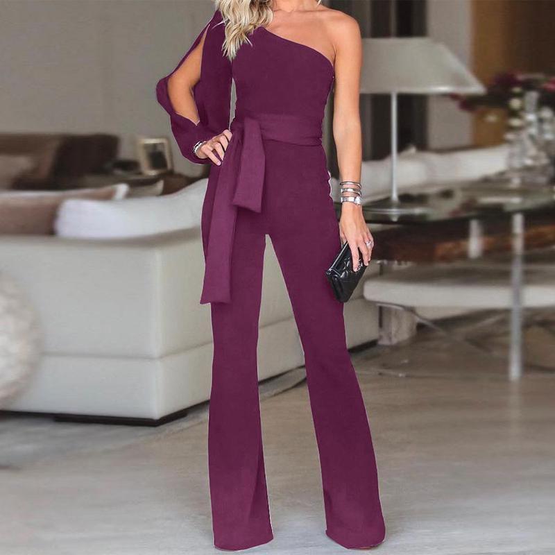 Waist Women Tied Flared Jumpsuits Fashion One Shoulder Sexy Rompers Jumpsuits