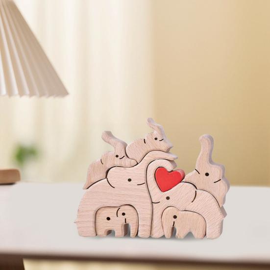 Wooden Elephant Family Puzzle Ornament Love Heart Mother Father Baby