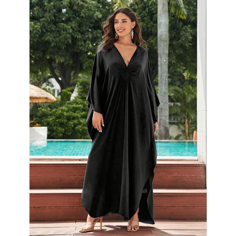 Women's Boho Style Cover Up, Plus Size Solid Color V Neck Batwing Sleeves Woven Design Loose Fit Beach Kaftan Dress
