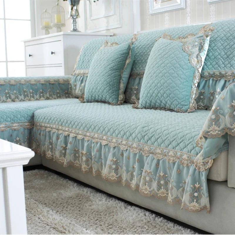 European Style Large Skirt Sofa Mat Four Seasons Short Plush Anti Slip Sofa Cover Simple Lace Solid Color Backrest Towel
