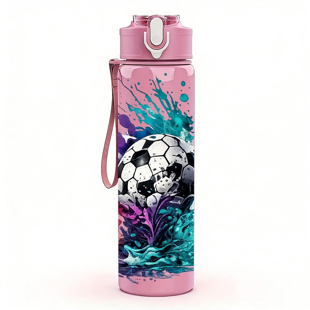 1PC Soccer Ball Splash Sports Art Print 750ml Color Plastic Sports Water Bottle Leakproof Flip Straw Lid Suitable for Sports Office Home Use