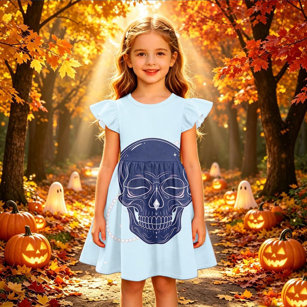 Kids Casual Halloween Printed Sleeve Dress for Party and Daily Wear
