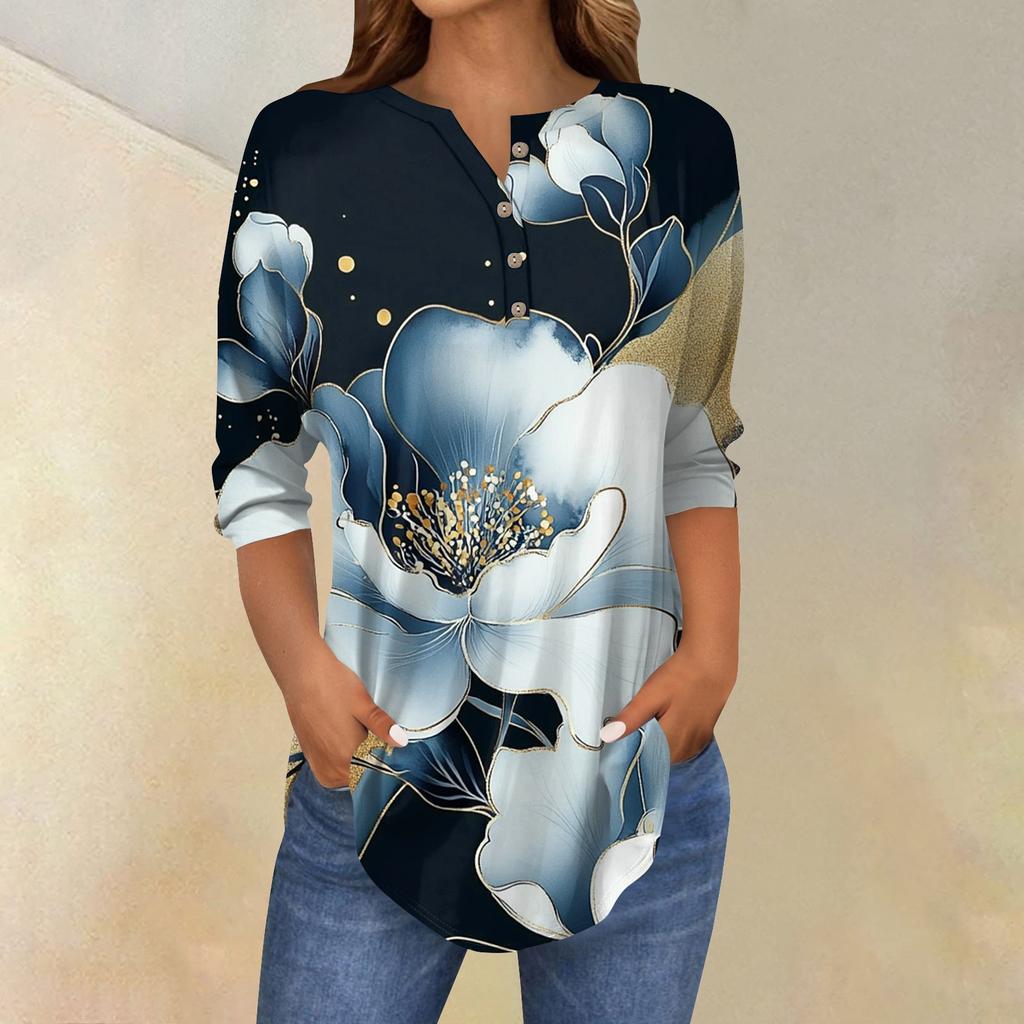 Women's Fashion Loose Button Collar Print 3/43/4  Sleeve T-Shirt Tops Pullover