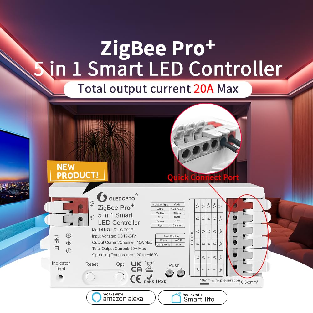 ZigBee 3.0 Pro+ 5 in 1 LED Strip Controller 20A Max RGBCCT/RGBW/RGB/CCT/Dimmer Alexa Homey Tuya Smart APP Voice Control, GL-C-201P, White