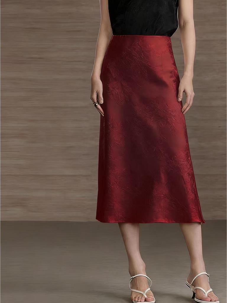 Women's Mid-Length Jacquard Silk Skirt - New Chinese Style for Autumn/Winter