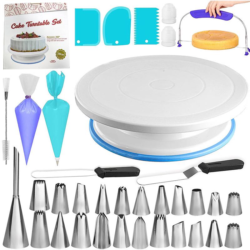 Back- und Konditoreiwerkzeug-Set: Kuchen-Dekorations-Drehteller, Spritztüllen & -beutel, Spachtel, Teigschaber