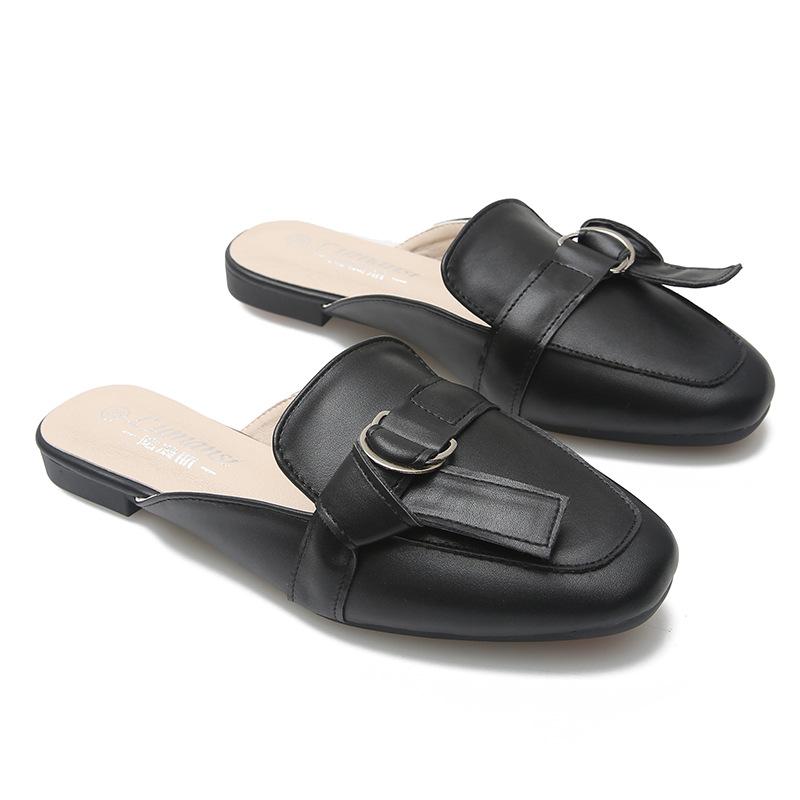 Fashion 2024 Summer Shoes Flat Slides Woman Solid Leather Mules Cover Toe Babouche Flip Flops Ladies Belt Buckle Slippers Female Sandals