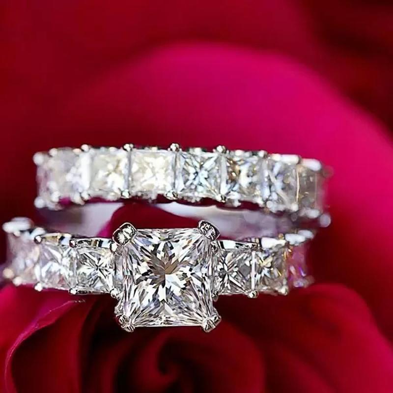 Xiaomi Huitan Princess Cut Square CZ Promise Rings 2Pcs/Set for Women Fashion Luxury Wedding Accessories High-Quality Female Jewelry