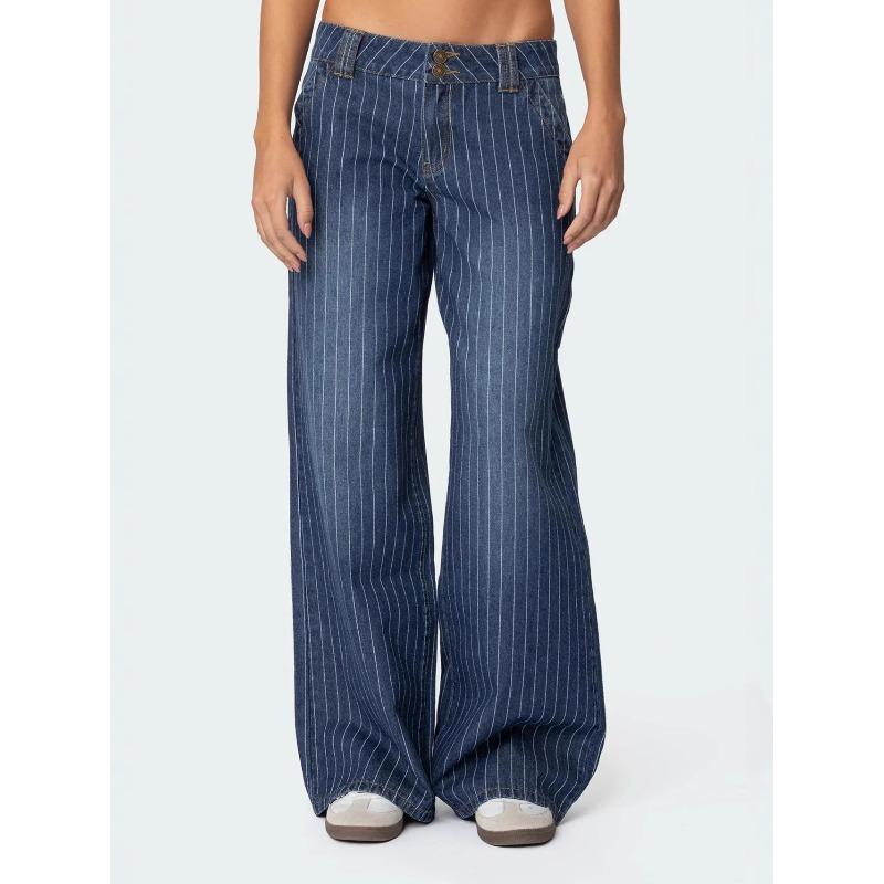 Low-rise striped jeans autumn new Spice Girl retro street casual loose denim wide-leg pants S синий