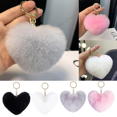 Fluffy Pompom Keychain Heart Plush Hair Ball Keychain Car Pendant Bags Chain Key Women Lov A9C0