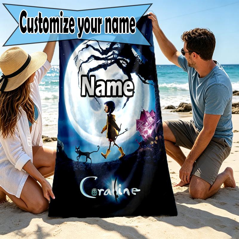 Custom Name Personalized Coraline Print Beach Towel, for Trip Camping Beach Party Home Decor, Birthday Gift for Family & Friends