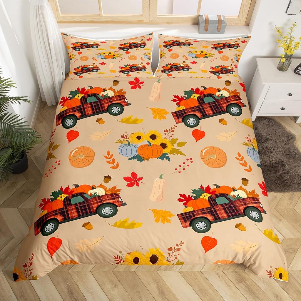 Cartoon Dwarf Dwarf Duvet Cover Queen for Kids Girls,Fall Leaves Pumpkin Bedding Set Autumn Gnome Turkey Maple Leaf Quilt Cover