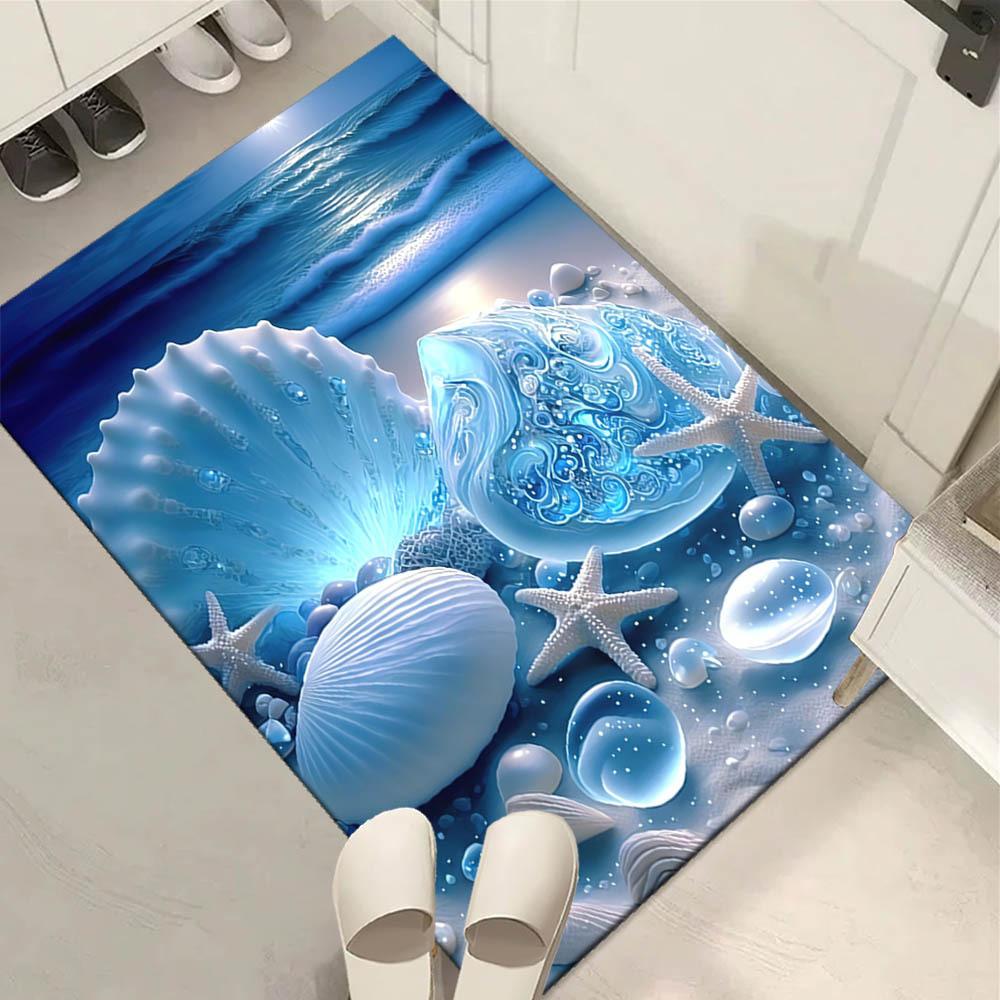 Polyester Beach-Themed Area Mat - Non-Slip Crystal Velvet Mat with Sea Shell and Starfish Design for Living Room, Bedroom, Entry