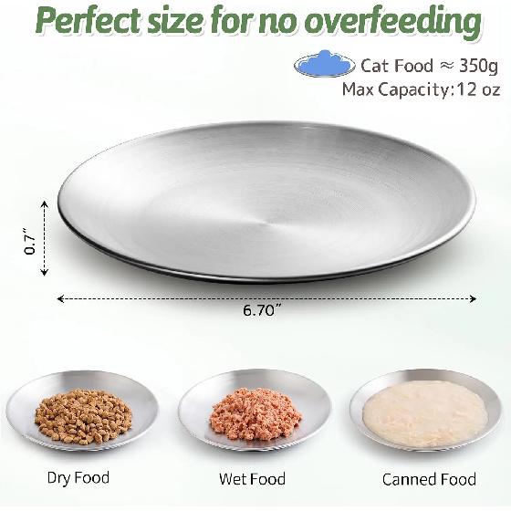 304 Stainless Steel Cat Bowls, 6.7 Inch Extra Wide Shallow Cat Plates for Whisker Fatigue Relief, Metal Kitten Feeding Dishes