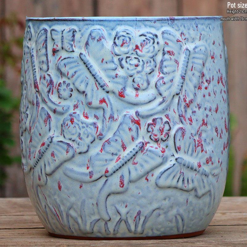 Handmade Embossed Rose Ceramic Succulent Pot, Tall Breathable Coarse Pottery, Large Mouth Plant Pot with Flower Design.