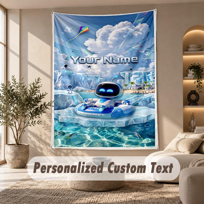 Astro Bot Wandteppich, Personalisierter Wunschtext, Wandbehang für Wohnzimmer Heimwanddekoration