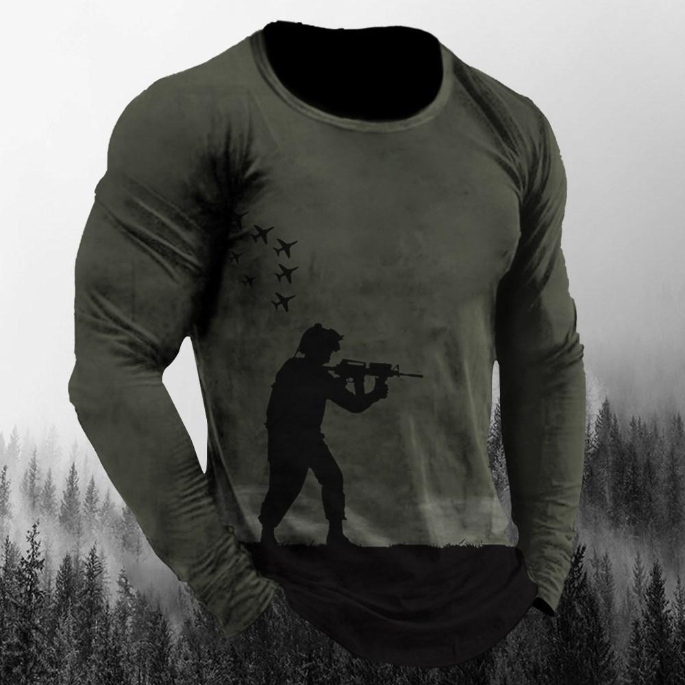 Vintage Men's Long Sleeve T Shirt Autumn Print round neck Tees Camouflage Pattern Clothes Casual High Street Men Tops