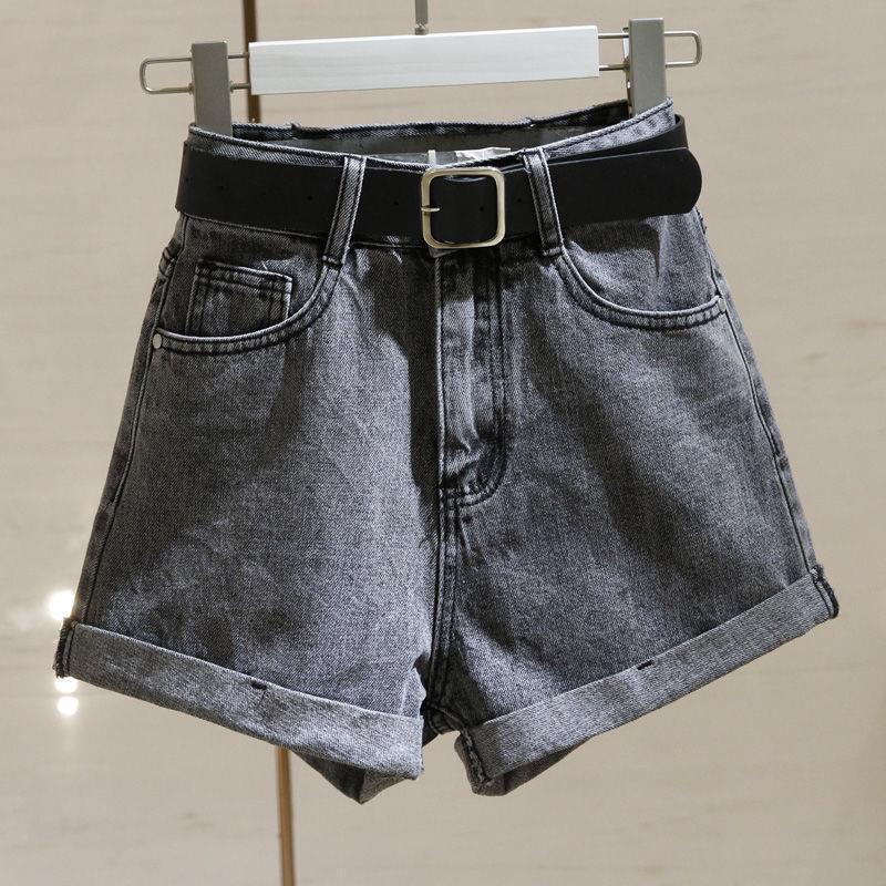 Women's Smoke Gray High-Waist Denim Shorts - Summer 2021 Korean Style, Slimming A-Line With Rolled Hem