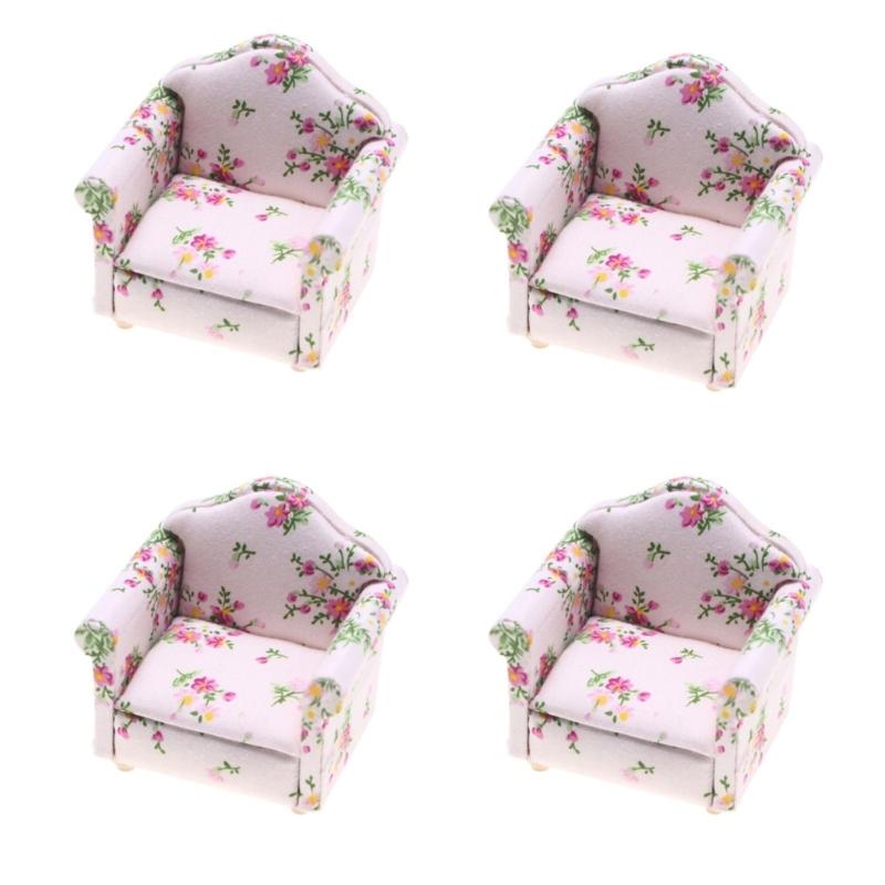 Miniature Flower Print Sofa Figurine For Doll House Wood Single Couch Furniture for Adult and Kids Collectible Project