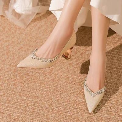 Nuove Scarpe da Sposa con Tacco Sottile e Punta Piccola, Temperamento con Strass Scintillanti Francesi, Scarpe da Donna con Tacco Alto