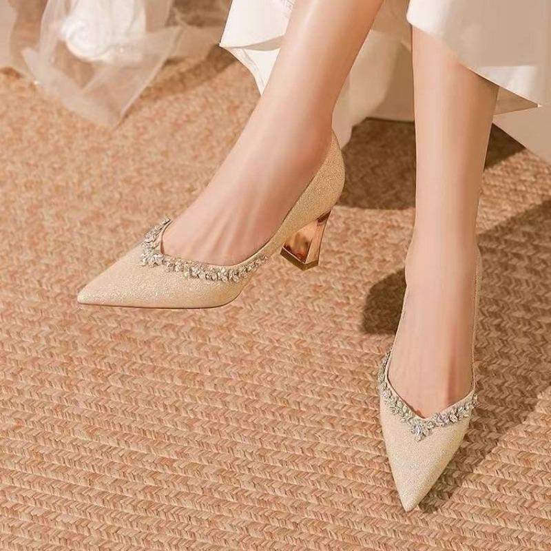 Fashion New French Sparkle Rhinestone Temperament Small Pointed Toe Thin Heel Shallow Wedding Shoes High-heeled Women's Shoes