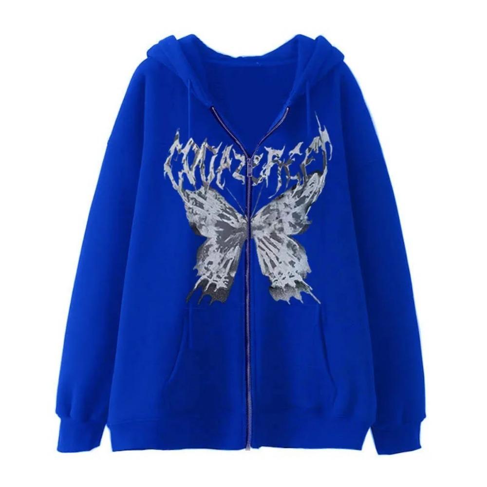 Gothic Style Aramid Hoodie Butterfly Zipper Sports Hoodie Full Sleeve Polyester Fiber Women's Fashion Casual Streetwear