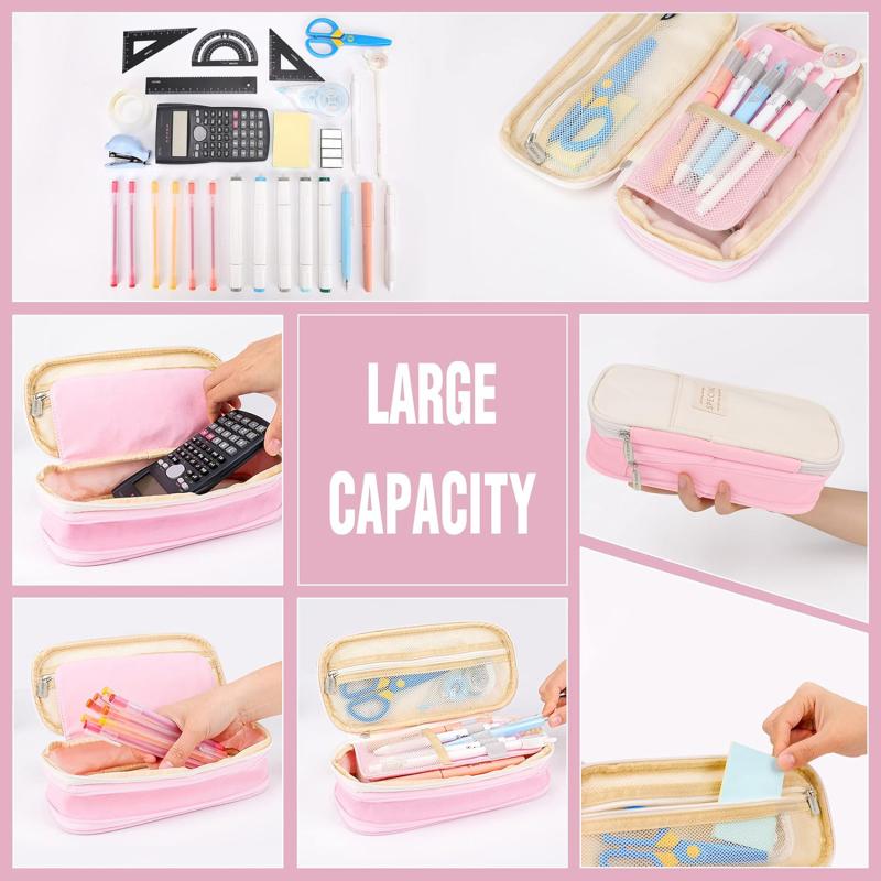 Cute Canvas Pencil Case Student Color Block Stationery Storage Bag Multifunctional Large Capacity Pen Bag Organizer Pouch