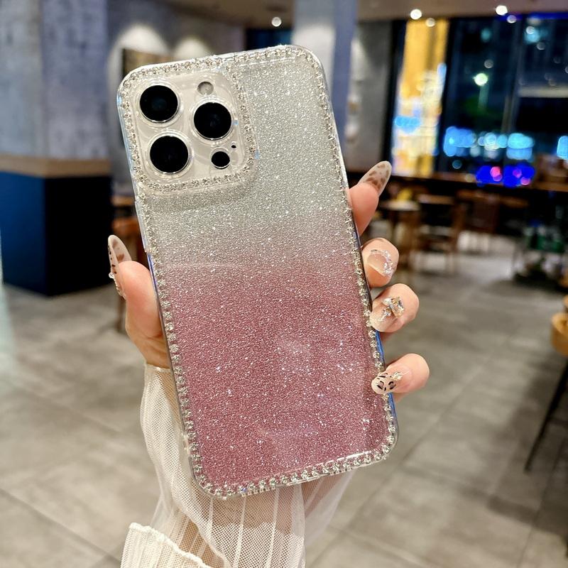 

Для iPhone 16E 15 Pro Max 14 Pro 13 12 11 чехол для телефона Diamond Frame TPU прозрачный тонкий противоударный защита линз мягкая прозрачная блестящая задняя крышка iPhone 13 розовый
