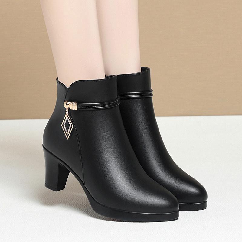 2024 Autumn Winter New High-heeled Short Boots Women's Thick-heeled Ankle Boots High Heel Shoes Warm Plush Boots