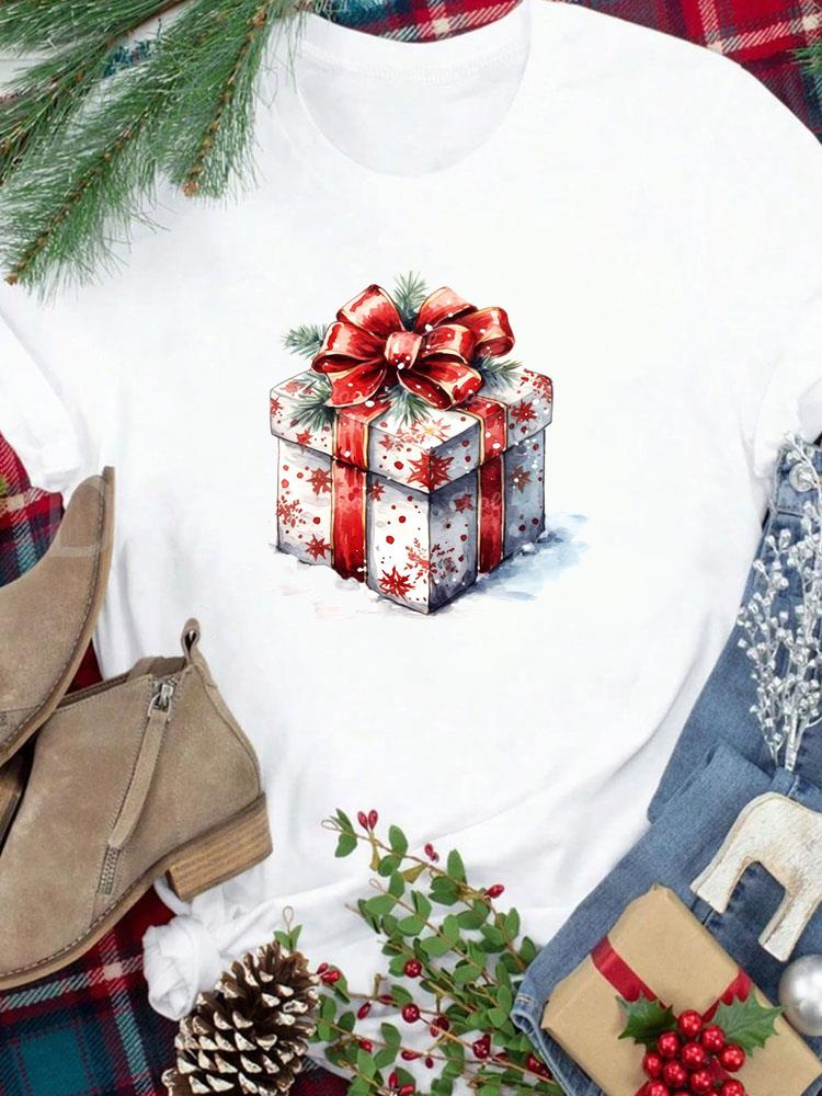 (Asian Size) Tee New Year Holiday tree cute 90s Merry Christmas Top festival Casual Women Print Lady Short Sleeve Fashion Graphic T-shirts