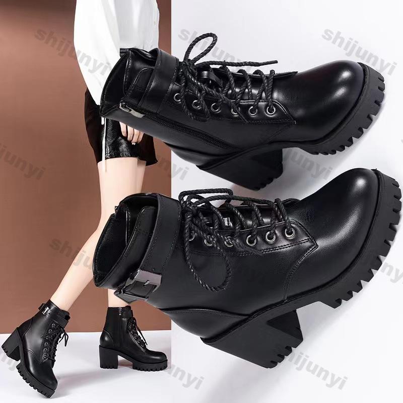 Mode Damen Schnürstiefeletten Damen Wintermode Schnallenriemen Plateau Kampfstiefel Kurzstiefel Frau Dickes Plüsch PU-Leder Botas Mujer