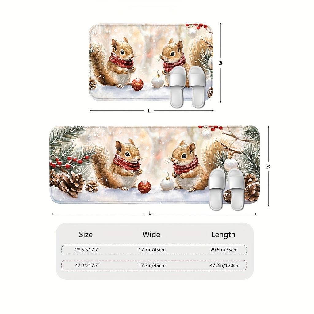 1Pcs Anti Fatigue Door Rugs, Christmas Squirrel Print Waterproof Non-Slip Thick Cushioned Door Mat Heavy Duty Comfort Standing Mat for Door
