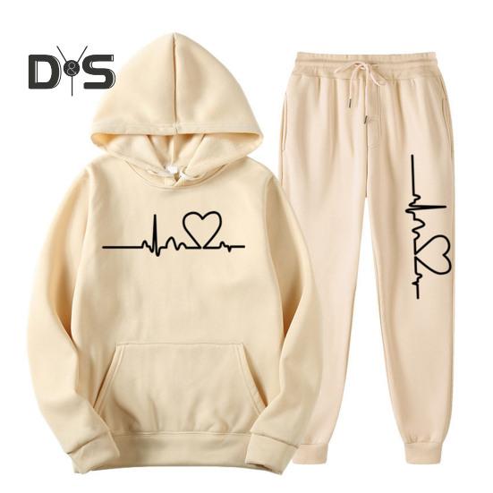 

1 комплект, женский и мужской спортивный костюм для бега, толстовки с принтом, эластичный пояс на шнурке, спортивные брюки, повседневная одежда, комплект из двух предметов, теплая осенне-зимняя толстовка 2XL бежевый