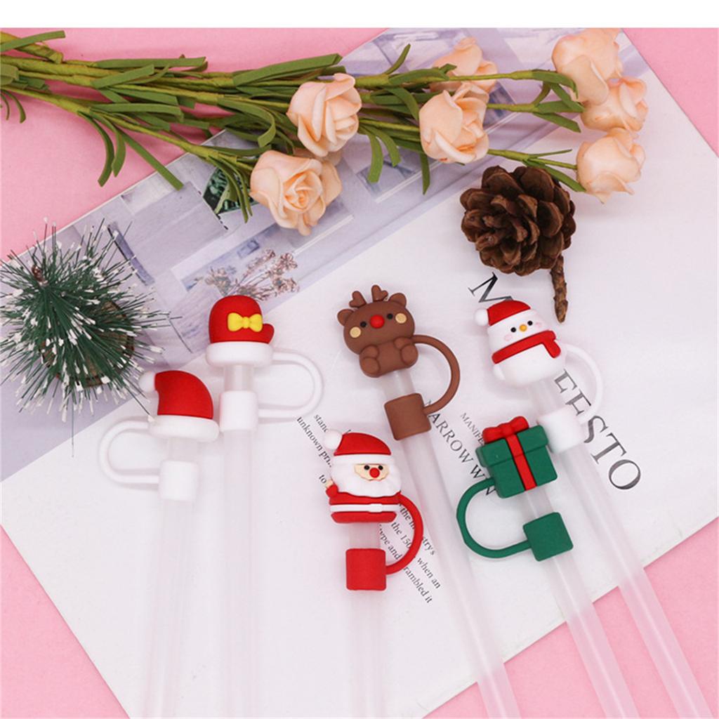 Silicone Straw Cap Christmas Santa Straw Plug Tips Cover Reusable Straw Toppers Dustproof Drinking Lids for Tumblers