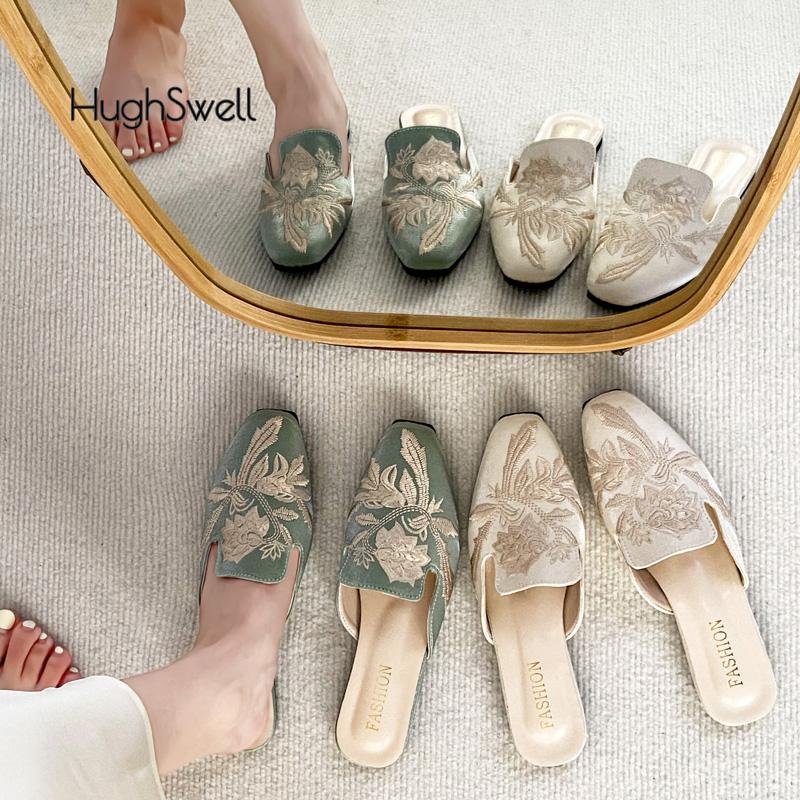 Fashion Fairy Floral Embroidered Mule Shoes Woman Elegant Flower Velvet Slide Slippers Ladies Evening Party Flat Velour Zapatos